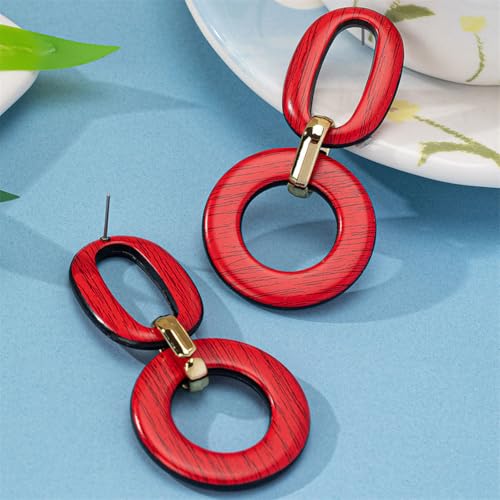 Wooden Round Earrings Vintage Creative Wooden Geometric Circle Chain Earrings For Women Exaggerated Earrings (Red Earrings) by CBLUED - Used condition - Image 7