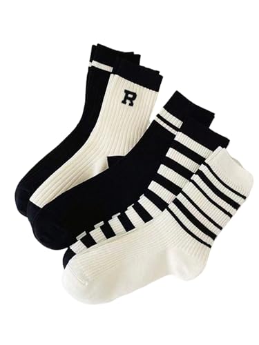 Image of SHENHE Women's 5 Pairs Striped Socks Knitted Mini Crew Retro Sports Quarter Socks Black and White 36-39
