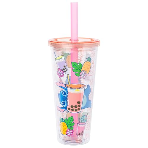 Image of Silver Buffalo Disney Lilo and Stitch Featuring Stitch and Scrump Plastic Boba Tumbler with Lid and Straw, 24 Ounces