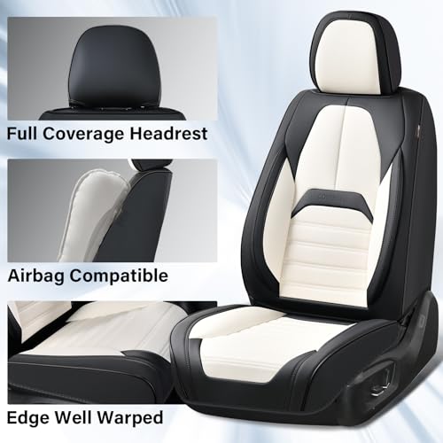 Image of Coverado Car Seat Covers Full Set, Seat Covers for Cars, Automotive Seat Covers, Waterproof Nappa Leather Front Seats and Back Car Seat Protector, Universal Fit for Most Cars SUV Trucks,Black&White