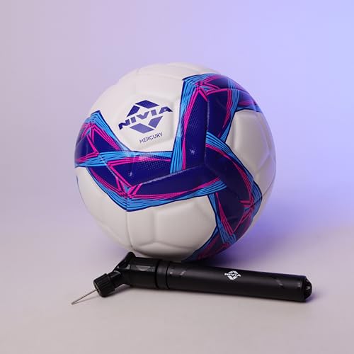 Image of Nivia Mercury Football /PU Leather /Power Stitched Football /12 Panel /Match Ball (White /Blue (with Pump))