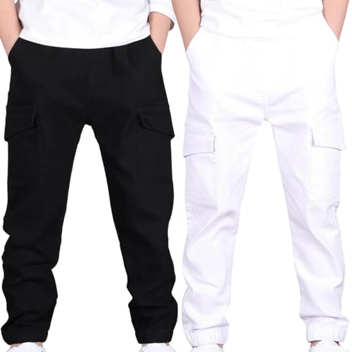 2pc Boys Cargo Pants Childrens Sports Stretch Elastic Waist School Kids Twill Joggers Comfy for 4-13 Years