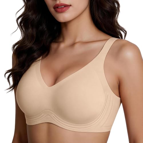 PQK Jelly Bra for Women Wireless Push Up Bra Seamless Comfortable T Shirt Bra No Underwire Full Coverage Support and Lift V Neck Everyday Bra Nude