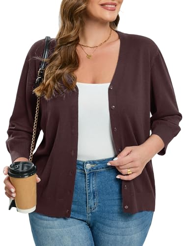 Women's Plus Size Cardigan Open Front Oversized Button Lightweight Sweaters V Neck Loose 3/4 Sleeve Cardigans Knit Outwear