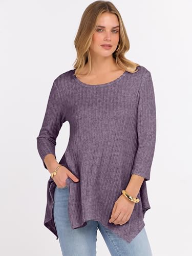 ANRABESS Womens 3/4 Sleeve Flowy Tunic Tops Crew Neck Ribbed Loose Fit Side Slit Shirts Casual Blouses 2025 Fall Clothes3