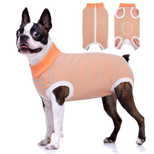 Image of BRKURLEG Small Dog Recovery Suit After Surgery, Abdominal Wound Protection, Back Zipper Spay Recovery Suit for Dogs & Cats, Soft Anti-Licking Puppy Onesie, Cone Alternative, Orange Grey Stripes XXL
