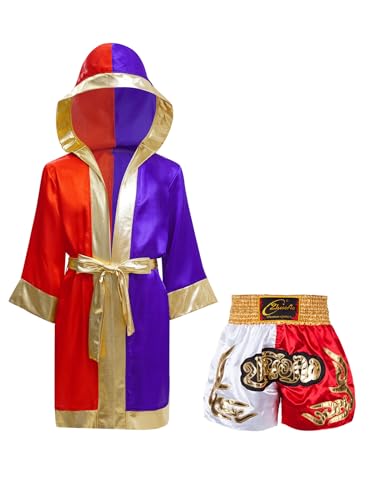 Kids Boys Boxing Kickboxing Outfit Long Sleeve Color Block Satin Hooded Cloak with Metallic Belt Boxer Shorts Set