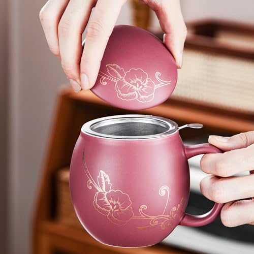 Image of Yundu 12 OZ Ceramic Mug with Lid & Tea Strainer - Matte Purple Tea Cup with Golden Flower, Stainless Steel Infuser for Loose Leaf Tea