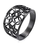 LIKGREAT Stainless Steel Shiny Rhinestone Flower Ring Wide Eternity Wedding Band for Women Girls (Black, 8)