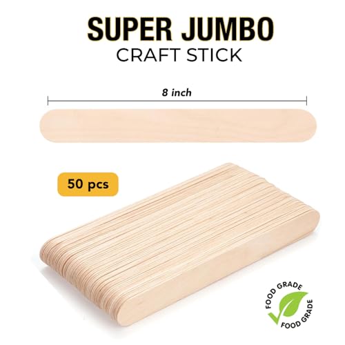 Apremont 8'' Jumbo Craft Sticks, 50pcs Extra Large Natural Premium Wood, Ice Cream Sticks, Jumbo Sticks, Large Tongue Depressors, Plant Labels, Hair Removal and Waxing Supplies, Crafting
