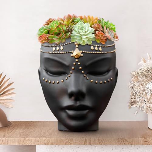 Bossa Linda Maceta de Cabeza, decoración del hogar para Interiores y Exteriores, Regalos para Amantes de Las Plantas y Flores, para Superficie Plana o Montaje en Pared, 17,8 cm, diseño Serena, Negro
