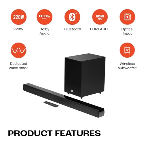 Image of JBL Cinema SB170, Dolby Digital Soundbar with Wireless Subwoofer for Extra Deep Bass, 2.1 Channel Home Theatre with Remote, HDMI ARC, Bluetooth & Optical Connectivity (220W)