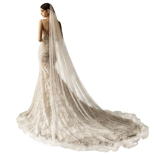AMBRE ADÈLE Perlenschleier, langer Hochzeitsschleier für Bräute, cremefarben, 150 x 229 cm, Cremeweiß, Lange