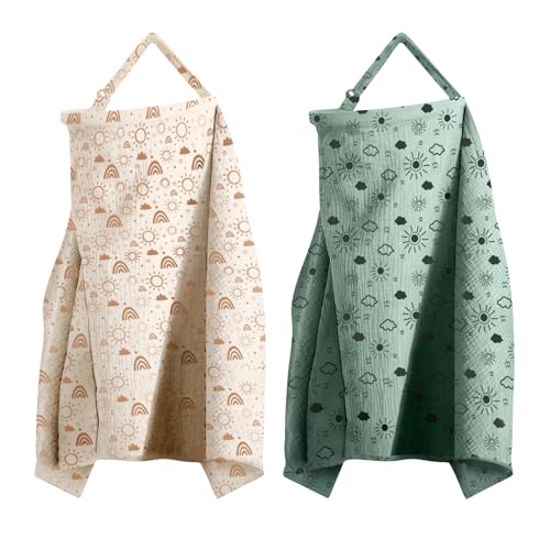 Image of MEXXI Muslin Nursing Covers for Breastfeeding, 2 Pack Breastfeeding Cover with Arch Neckline,100% Cotton Breathable Privacy Nursing Apron 43 * 30 Inch (Beige+Green)