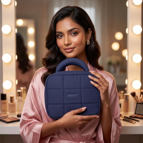 Image of WEMOL Travel Fashion Cosmetic Organizer Bag, Quilted Navy Blue | Detachable Pouch, Super Soft, For Brushes, Toiletries, Cosmetics, For Women