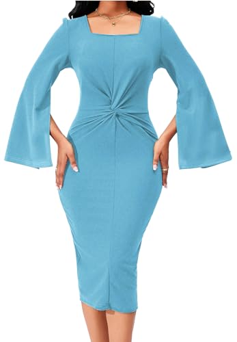 Image of Dresses for Women Elegant Long Sleeves Ruffles Pencil Knee Length Split Business Dress with Belt Zipper