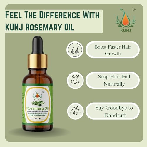 Image of KUNJ Rosemary Essential Oil (Salvia rosmarinus) 10ML - 100% Pure & Natural, Undiluted, Steam Distilled - Aromatherapy Oil for Hair Care, Scalp Massage, Diffuser, Focus & Mental Clarity