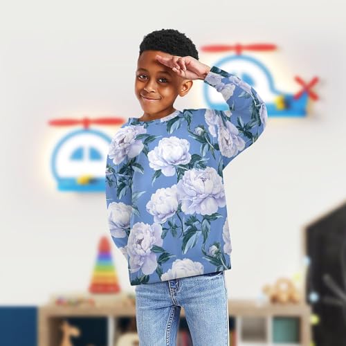 JUNZAN Retro Peonies Blue Big Boys Pullover Hoodie Long Sleeve Hoodie for Boys Camping 4T4