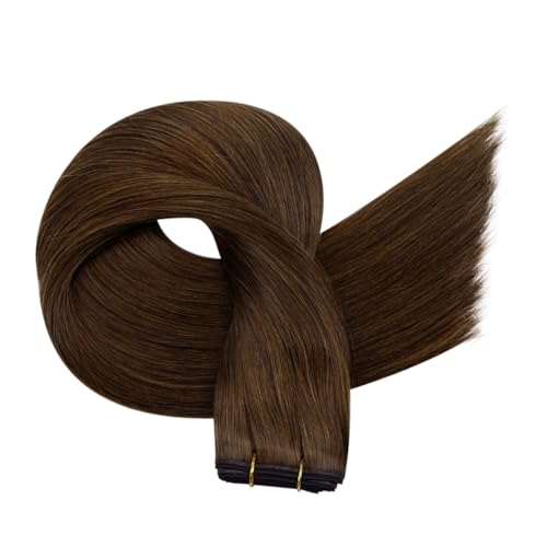 Image of Full Shine Butterfly Weft Human Hair Extensions Warm Chestnut Brown 22 Inch | Remy Human Hair, Thin Double Layer, Easy Wear & Remove, 100g 5pcs Natural Volume, Party Look, Beginner Friendly