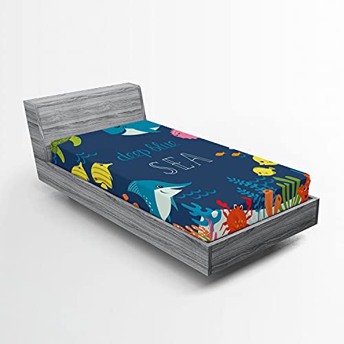 Ambesonne Cartoon Fitted Sheet, Underwater Graphic Algaes Coral Reefs Turtles ...