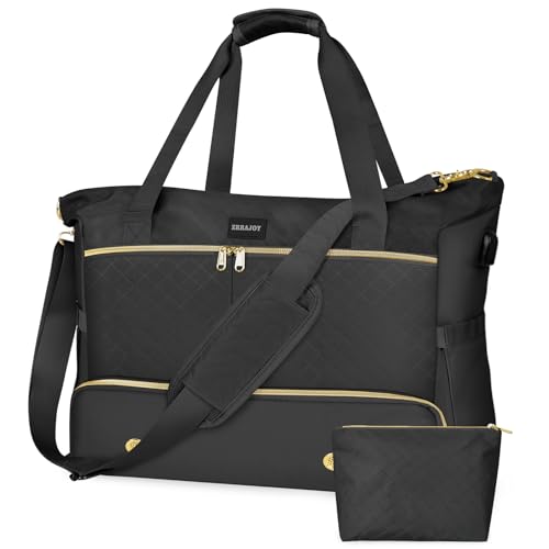 ZRRAJOY Weekender Overnight Bag for Women, Large Travel Duffel with Shoe Compartment, Wet Pocket, USB Charging Port, Carry-On Gym Tote Bag (Black)