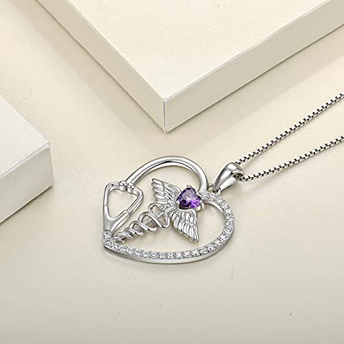 Yl Caduceus Heart Necklace For Women Sterling Silver Doctor Nurse Themed Stethoscope Pendant Created Amethyst Angel Wings Snake Jewelry #TOP4