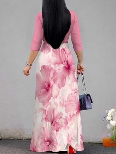 Image of SUZONANA Plus Size Dresses for Women Floral Print Maxi Dress Flowy 3 /4 Sleeve with Belt