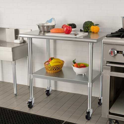 Image of HARDURA Stainless Steel Table 30 x 36 Inches with Wheels Casters NSF Heavy Duty Commercial Prep Table with 2 inch Backsplash and Adjustable Undershelf for Restaurant Kitchen Home and Hotel