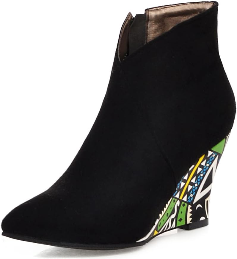 KiutSymo Womens High Heels Printed Wedge Boots Suede Short Booties Pointed Toe Side Zipper Ankle Boots