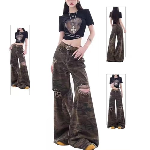 NCDUANSAN Gothic Retro American Camouflage Work Pants, Perforated Design, Wasteland Style Personalized Wide Leg Jeans2