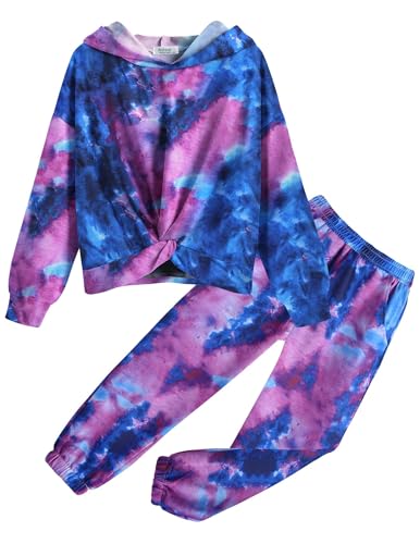 Arshiner Girl's 2 Piece Outfits Tie-dye Twist Front Pullover Hooded Sweatsuits Sweatshirt and Sweatpants Clothing Set