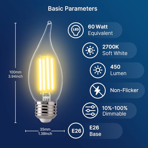 FLSNT LED 60 Watts Equivalent Chandelier Light Bulbs, CA11 Dimmable Filament Clear LED Candelabra Bulbs, E26 Medium Base, 2700K Soft White, 6 Pack - image 2