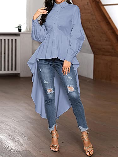 Zanzea Women's High Low Asymmetrical Tunic Top Irregular Hem Long Sleeve Casual Ruffle Button Blouse Shirts Light Blue Medium #TOP1