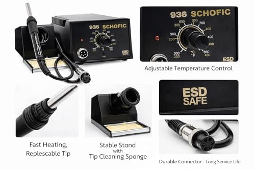 Image of SCHOFIC 936 Rework Soldering Station Set with Soldering Iron Handle, Iron Holder, High Temperature Resistant Sponge, Manual, and Power Plug