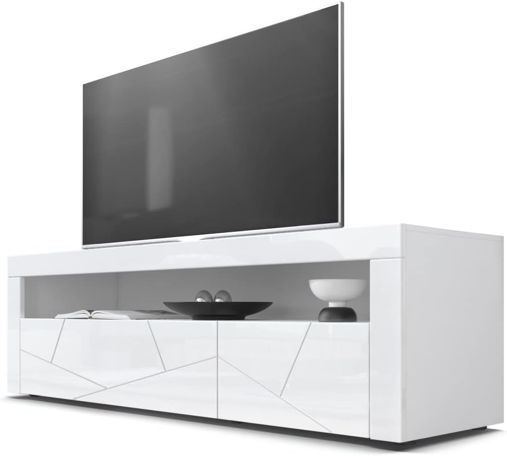 Vladon Valencia Lowboard, TV Unit with 1 Open Compartment and 2 Drop-Down Doors, White/White High Gloss Element 3D Structure/White High Gloss (155 x 46 x 40 cm)