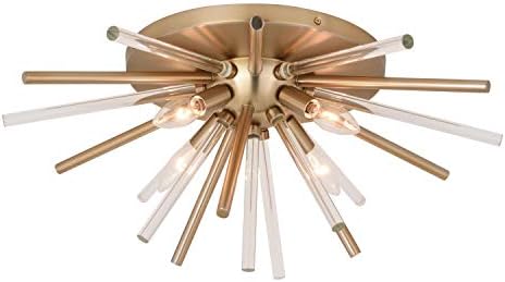 VAXCEL Aria 22.5-in Natural Brass 4 Light Mid Century Modern Sputnik Flush Mount Ceiling Fixture with Glass Accents