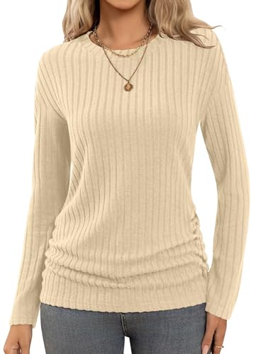 Bliwov Long Sleeve Shirts for Women Fall Fashion Outfits CrewNeck Tops Sides Ruched Winter Pullover Sweaters Tunic Clothes