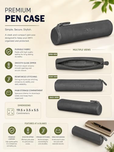 Image of Calfnero Genuine Leather Pen-Case for Men & Women | Premium Black Leather Pencil-Pouch with Zipper | Cylindrical Pen-Holder Organizer for Pen, Pencils & Stationery | Unisex Pen-Sleeve
