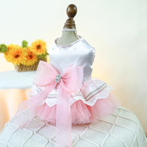 Image of HDKUW Small Dog Dress, Girl Puppy Lace Princess Skirt Tutu Dress with Bowknot,Chihuahua Yorkie Clothes Outfit for Birthday Wedding Party Pink M