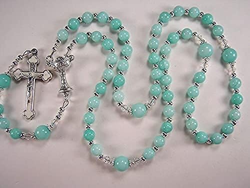 Miniatura 7 de Girls Aqua Rosary 1st Communion Catholic Aqua Jade Gemstone Beads 16 34in Chica Primera Comunión Rosario