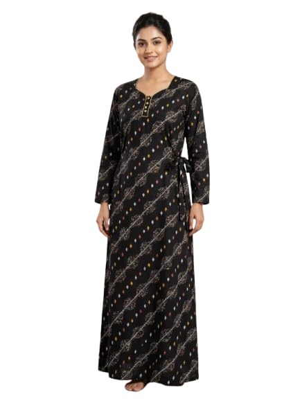 shiddik Women Cotton Printed Long Nighty Gown with Side Tie-Up – Full Sleeve Relaxed Fit Maxi Dress, Soft Breathable Comfortable Lounge Wear for Daily Home Use Black-picture-21
