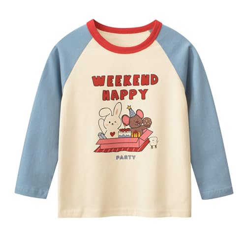 Girls Cute Bear Print Cotton T-Shirts Kids Color Block Raglan Top Boys Crewneck Basic Long Sleeve Tees for 2-10 Years