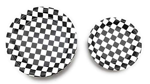Oojami Serves 30 Complete Party Pack Black And White Checkered 9" Dinner Paper Plates 7" Dessert Paper Plates 9 Oz Cups 3 Ply Napkins Race Car Party Theme #TOP3