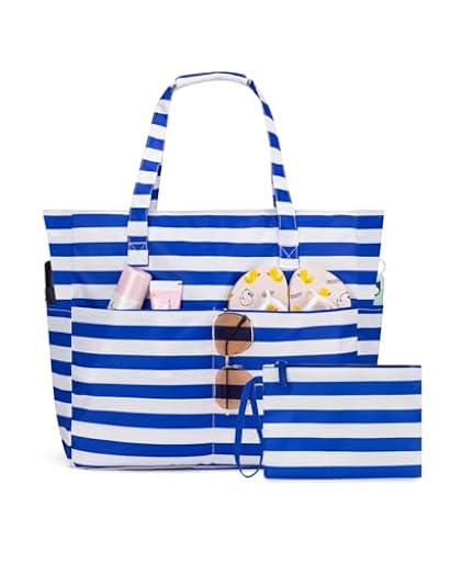 KABAQOO Bolsa de Playa XXL Familiar con Cremallera y Compartimento Impermeable, Bolsa Piscina Mujer Bolso de Mano Shopper Grande Plegable y Ligero para Viajes y Natación, Rayas blancas y azules | Ya disponible en tu tienda friki favorita! En mundofriki.es!
