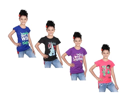 Image of indi weaves Girls Pure Cotton Chest Printed Half Sleeves Round Neck T-Shirts (Pack of 4)