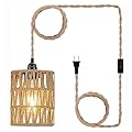 EcoGehen Boho Plug in Pendant Light, Hanging Light with Plug in Cord, Ceiling Lamp Rattan Cylinder Lamp Shade On-Off Switch, Hanging Plant Shelf Shelves Bohemian Decor for Bedroom Living Room Corner