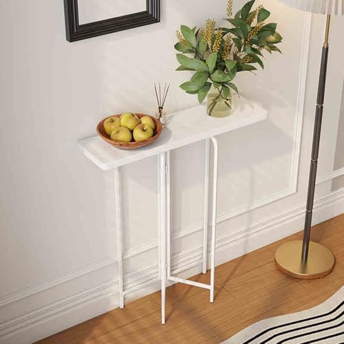 Moderna mesa estrecha de madera con patas de metal, consola elegante para entrada, sala de estar o pasillo (blanco, 100 cm), diseño que ahorra espacio