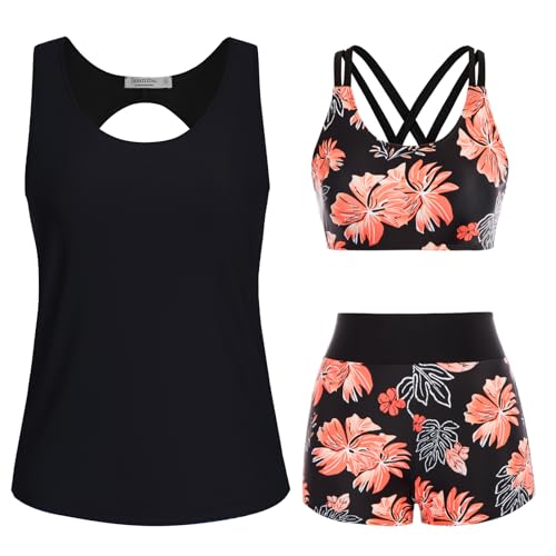 JASAMBAC Bikini Damen.3-Teiliger Tankini Damen Bauchweg, Push-Up-Bikinioberteil Und High Waist Badeshorts, Einfache Badebekleidung, Sport-Badeanzug, Bademode FüR Schwimmbad, Strand