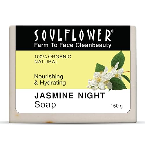 Image of Soulflower Jasmine Handmade Soap | 100% Pure, Natural & Cold processed with Essential Oils, Exotic Herbs & Aroma, 150g