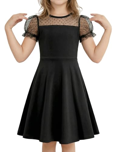 Image of JiAmy Girls Summer Dress Puff Sleeves Tulle Patchwork Solid Elegant High Waist Knee Length Princess Party Casual Tween Dresses for Girl 12-13 Years, Black